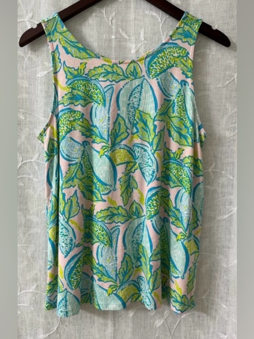 Lilly Pulitzer Pink Tank with Aqua & Lime Palm Print and Crisscross Neck Size M